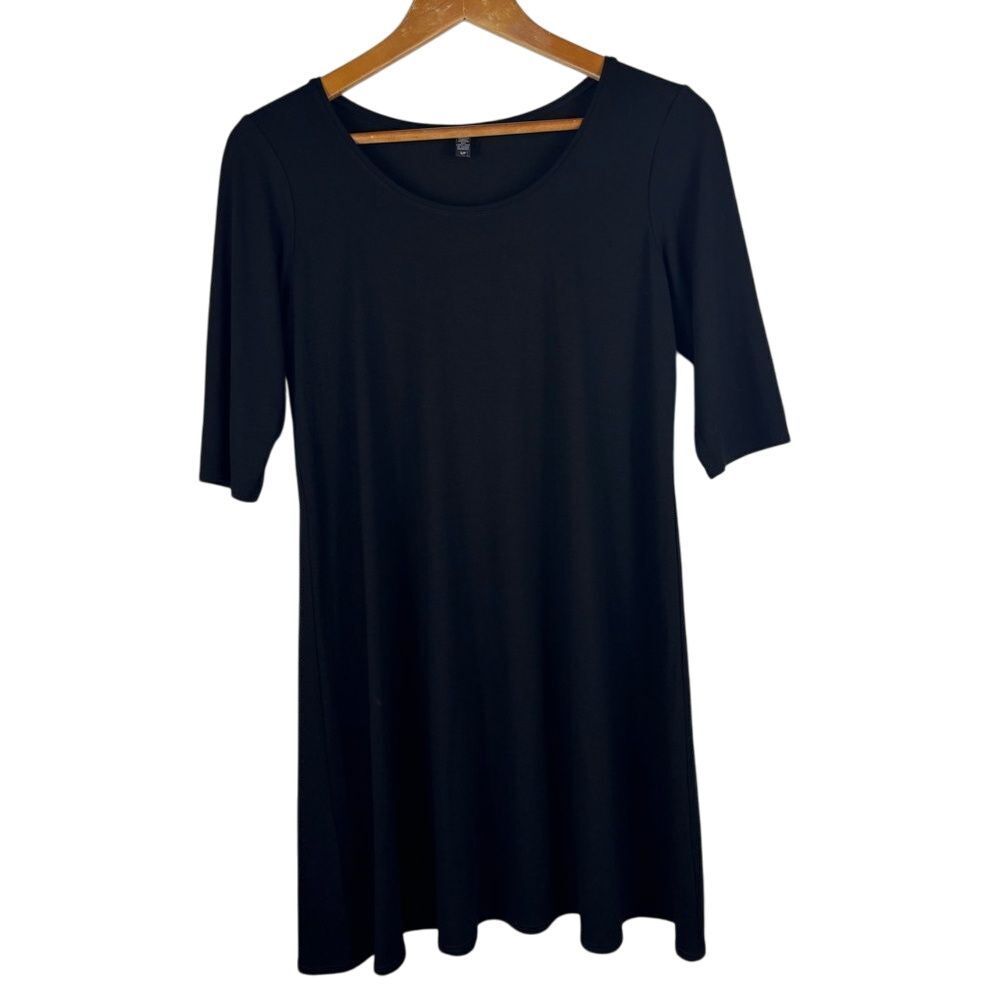 Eileen Fisher Small Black Viscose Lyrca Short Sleeve Round Neck Jersey Dress